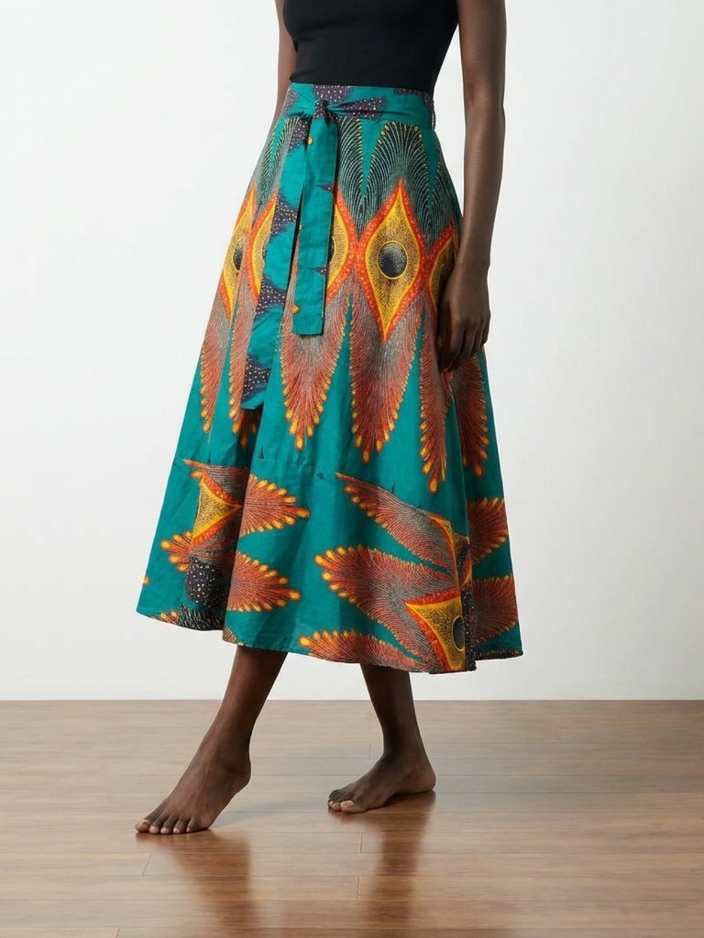 Handmade Wrap Skirt Teal African Print A-Line Bold Pattern 38”